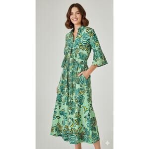 Luna Allegra Cotton Green Botanical Dress Large Bell Sleeve Midi Mandarin Collar